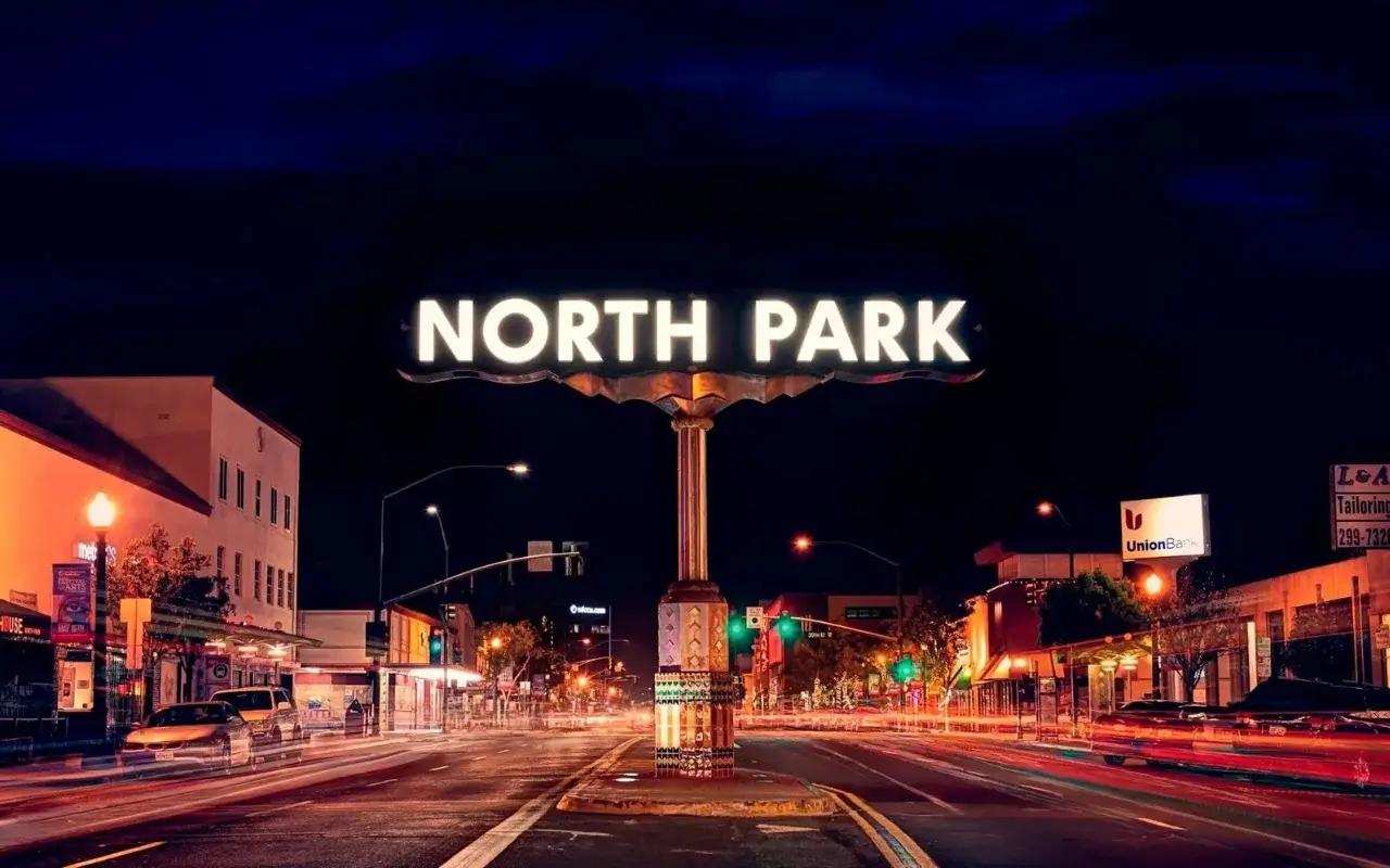 North Park neighborhood sign at night