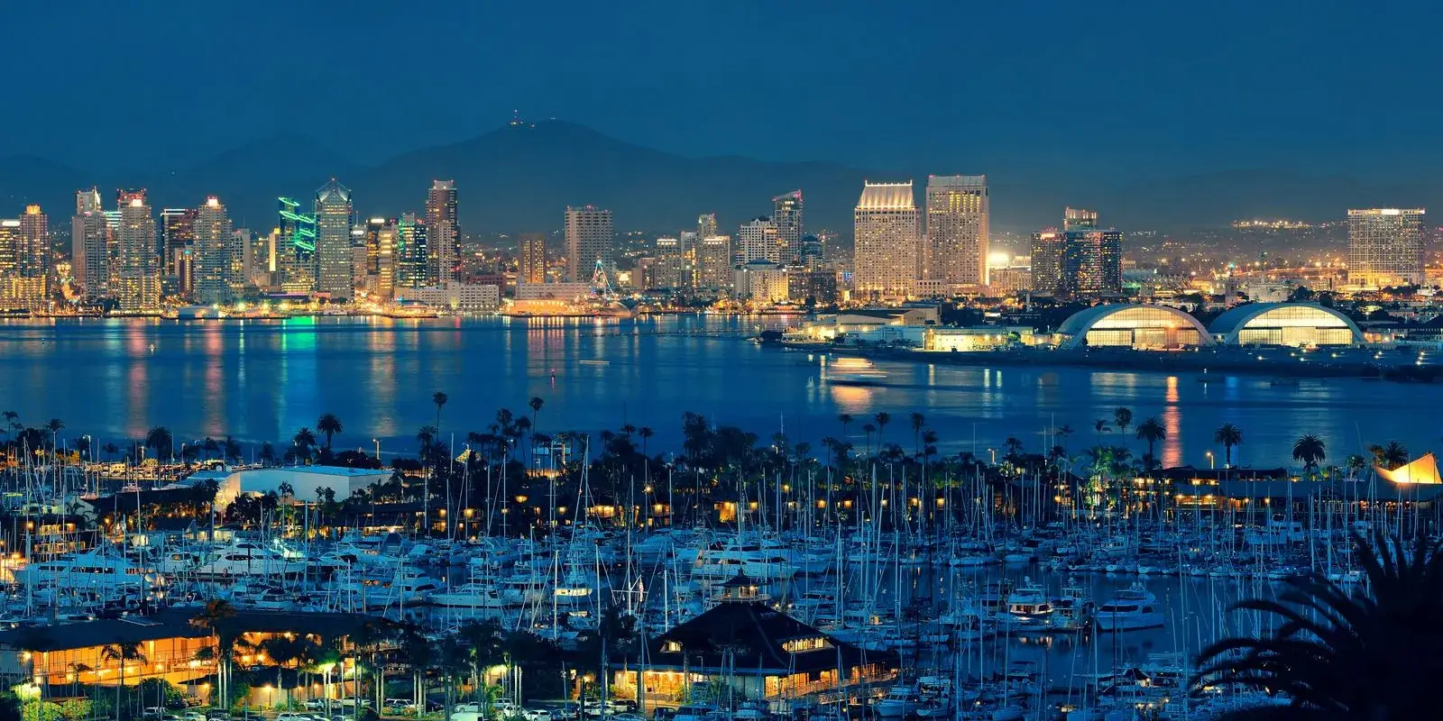San Diego downtown skyline and bay at night